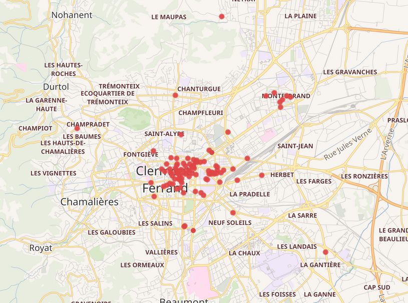 Carte des voies de Clermont-Ferrand ayant un élément Wikidata et optionnellement un article Wikipédia