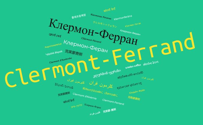 Requête SPARQL Wikidata : Noms de Clermont-Ferrand dans plusieurs écritures/langues (trié par occurrence) / Names of Clermont-Ferrand in multiple scripts/languages (order by weight)