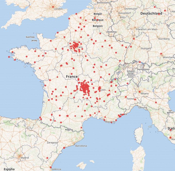 Carte du lieu de mort des personnes nées dans le Puy-de-Dôme