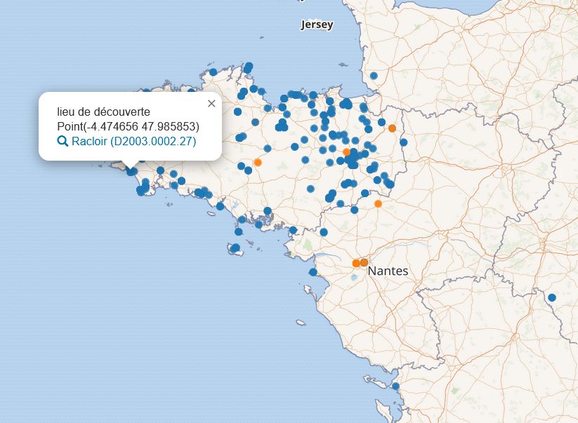 Carte des lieux de création ou de découverte d’objets des collections du musée de Bretagne